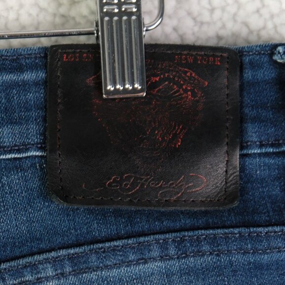 Ed Hardy Jeans Womens 34 Blue Distressed Stone Wash Straight Whiskers Stretch - Picture 6 of 12